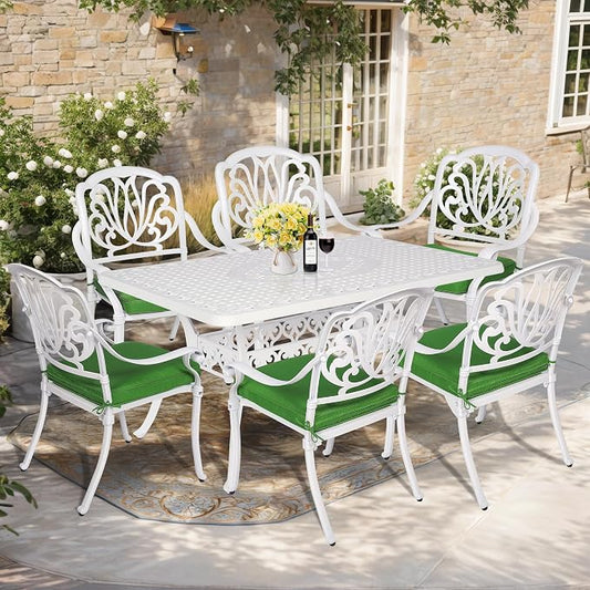 7-Piece Outdoor Patio Dining Set, 60” Rectangular Cast Aluminum Dining Table with Umbrella Hole and 6 Outdoor Dining Cushioned Chairs, Patio Funiture Set for Backyard, Patio, Garden, White