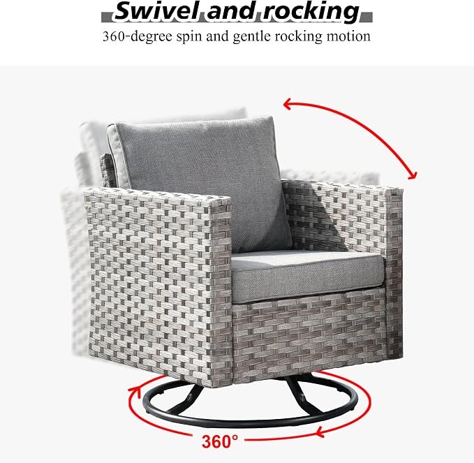 HOOOWOOO Outdoor Patio Sectional Furniture Sofa Set with Large Fire Pit Table,9 Piece Modern Wicker Couch with Swivel Chair,Modular Conversation Seating Set with Widened Armrest(Dark Grey)
