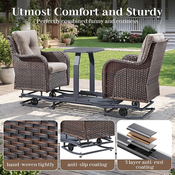 Rilyson Luxury Outdoor Wicker Glider Rocker Chairs for 4 Person, Outdoor Furniture Sets with 2 Piece Wicker Swivel Rocker Chairs, Rattan Glider Rocker Chairs with Table for 2 Seats Brown/Beige