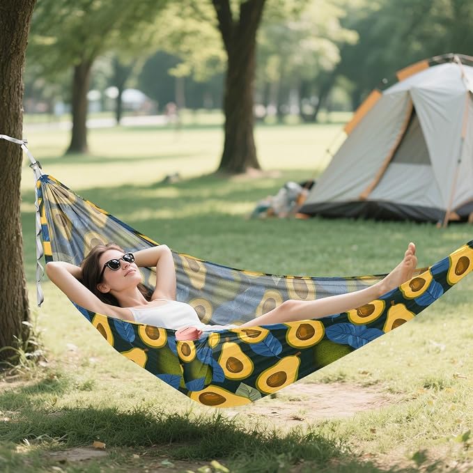 Camping Hammock Outdoor Hammocks for Outside Avocado Blue Leaves Beach Trees Portable Lightweight with Pockets Tree Straps Indoor