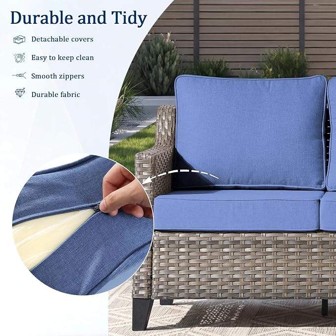 Luxury Patio Furniture Sofa Set - 8 Pieces All Weather Wicker Outdoor Couch and High Back Swivel Rocker Patio Chairs with fire Pit for Deck Yard and Poolside Gray Wicker | Blue Cushions
