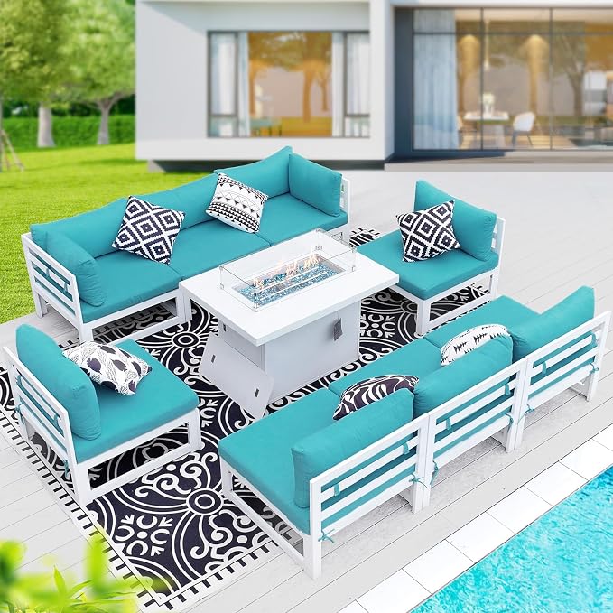 BULEXYARD 8 Person Modern Aluminum Outdoor Patio Furniture Set with Fireplace, 29 inch Wide Deep Seating, Fade Resistant L-Shaped Sectional Couch, Plus Size Conversation Set for Backyard Terrace, Teal