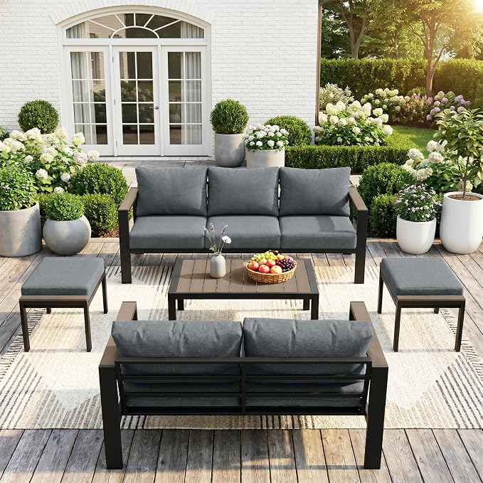 Outdoor Patio Furniture Set 5 Pieces Luxury Aluminum Patio Conversation Set with Coffee Table and 2 Ottoman 7 Seats, Thick Cushions, Large Sectional Sofa for Porch, Balcony, Deck, Yard, Gray