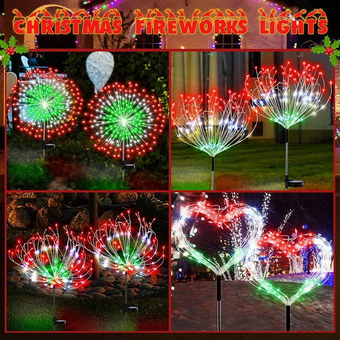 Tujoe Halloween Decoration Outdoor 4 Pack Solar Firework Light with 180 LED Halloween Solar Lights 8 Lighting Modes for Yard Garden Pathway Party Decoration(Red, White, Green)