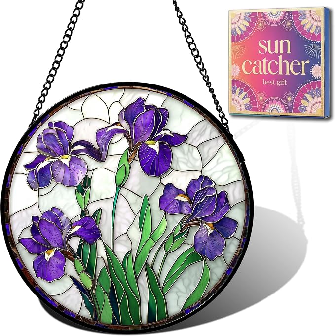 Birthday Gifts for Women - Purple Iris Faux Stained Glass Window Hanging Sun Catcher for Door Garden Acrylic Flower Decor Mother's Day Christmas for Mom Nana Friend Grandma Wife 7.8"