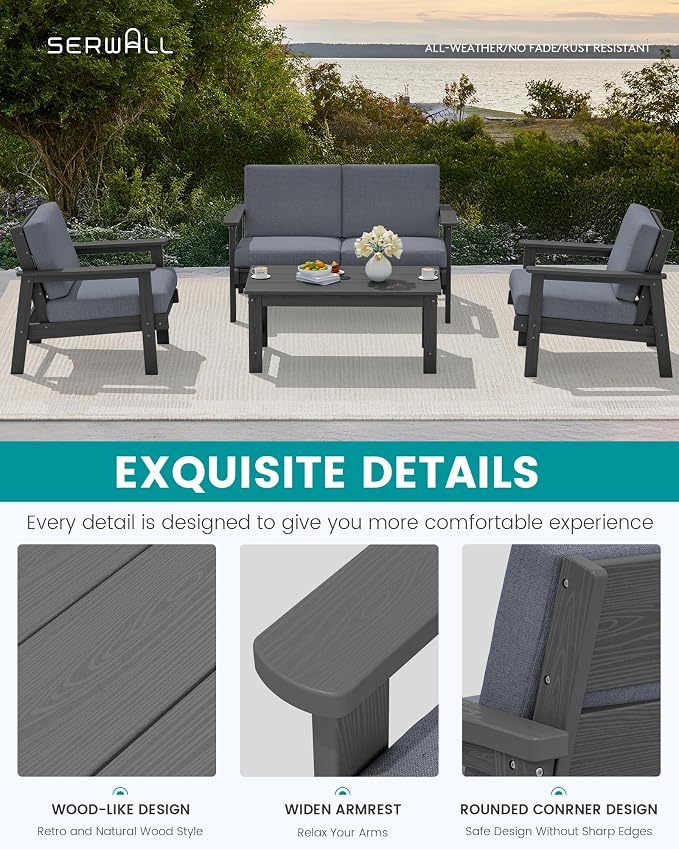 SERWALL Outdoor Patio Furniture Set, 5 Piece HDPE Patio Conversation Sets, All-Weather Wood-Like Outdoor Couch Loveseat and Coffee Table with Thick Cushions for Porch Balcony Garden Backyard