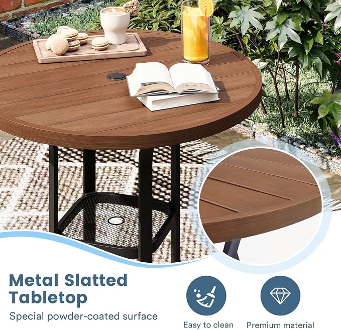 DIFY Patio Bar Height Table, 35.5" Round Outdoor Bistro Table with 1.57" Umbrella Hole for Poolside, Balcony, Pub and Garden, Walnut