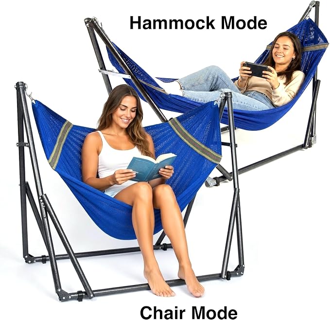 Best Home Fashion 2 in 1 Hammock & Swinging Chair with Collapsible Steel Stand 450 lbs Capacity, No Tools Assembly, Carrying Bag Included, Perfect for Indoor Outdoor Backyard Patio Camping Beach, Navy