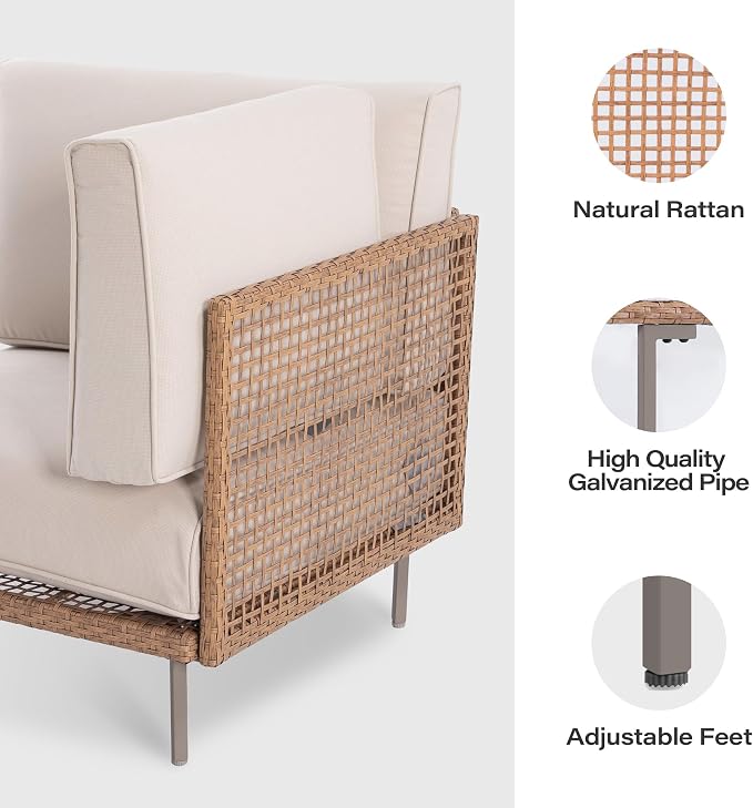 LAUSAINT HOME 5-Piece Outdoor Patio Furniture Set, Wicker Outdoor Conversation Set PE Rattan Sectional Sofa with Washable Cushions and Tempered Glass Table for Garden (Beige)