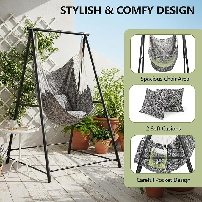 Hammock Chair Stand with Swing Chair,Heavy-Duty Hanging Chair with Stand,Include Hanging Swing,MAX Load 660 LBS,Hammock Swing Chair Stand for Indoor Outdoor Patio Yard Garden Porch