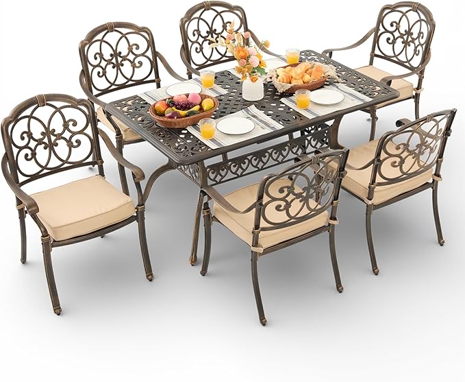 7-Piece Cast Aluminum Outdoor Dining Set, 60" Rectangular Table with 2 Umbrella Holes & 6 Stackable Chairs with 2.75" Cushions, Antique Brass Rustproof Patio Furniture for Garden