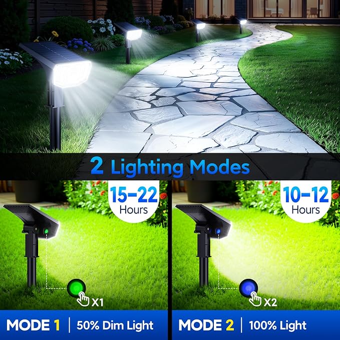 Solar Spot Lights Outdoor Waterproof IP65, 100 LED Solar Lights Outdoor | Super Bright Solar Spotlights 6500K&2 Lighting Modes , 2-in-1 Ground Spike & Wall Mount Solar Landscape Spotlights for Yard