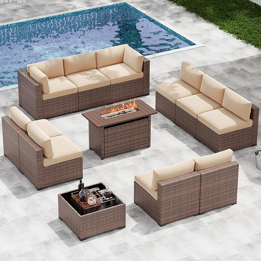 LazySunsets 12-Piece Patio Furniture Set with 44" Fire Pit Table, Wicker Outdoor Furniture, Patio Conversation Sets with Coffee Table, Outdoor Sectional Couch, Beige