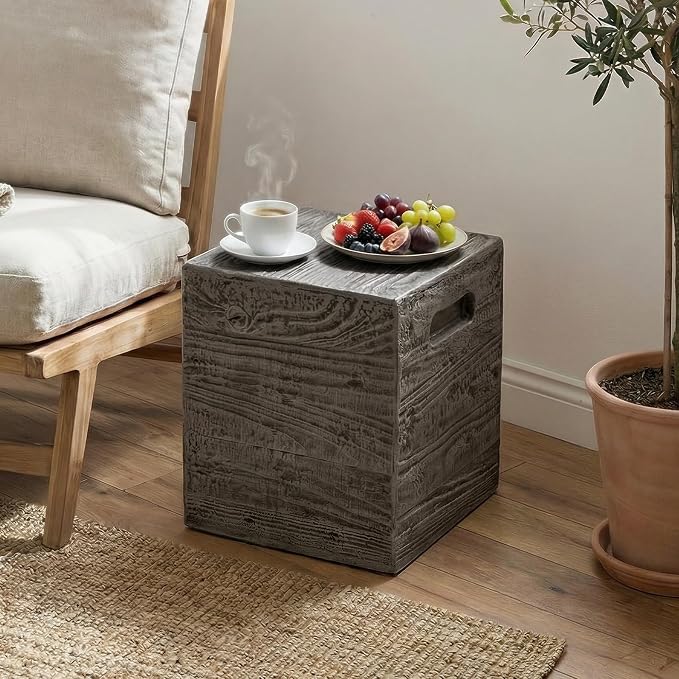 SUNBURY Outdoor Side Table, Faux Wooden Concrete Side Table, Square Lightweight End Table, Patio Accent Stump Stool Decorative for Planter Stand, Deck or Garden, Antique Black