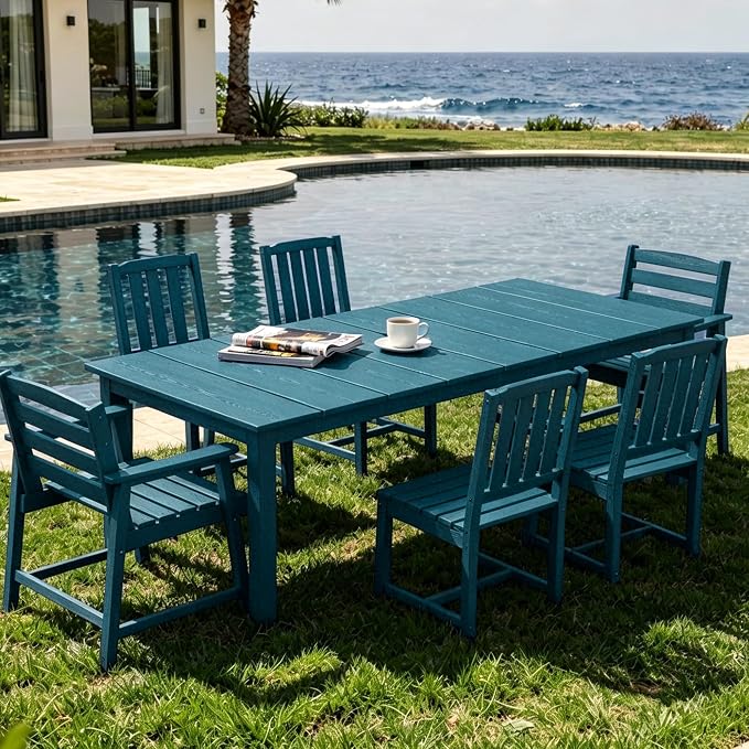 AreShark 7-Piece Outdoor Dining Set,HDPE Patio Table with 6 Chairs,All-Weather Patio Furniture Set with Umbrella Hole,Low Maintenance Wood Grain Dining Set for Backyard,Garden,Poolside,Navy Blue