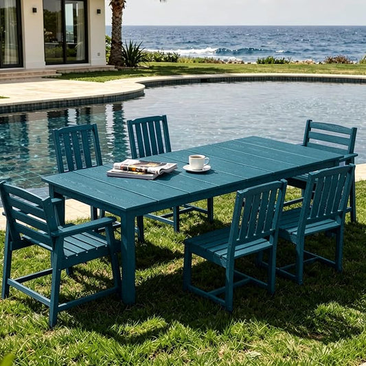 AreShark 7-Piece Outdoor Dining Set,HDPE Patio Table with 6 Chairs,All-Weather Patio Furniture Set with Umbrella Hole,Low Maintenance Wood Grain Dining Set for Backyard,Garden,Poolside,Navy Blue