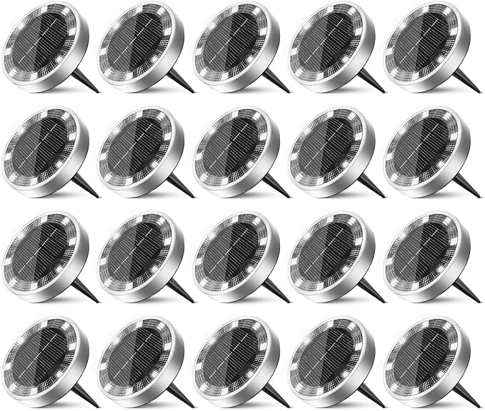 20 Pack Solar Ground Lights Outdoor, 8 LED Mini Flat Solar Disc Lights, IP65 Waterproof Pathway Lights Solar Powered, Landscape Lighting for Garden Walkway Driveway Yard Lawn,Cool White