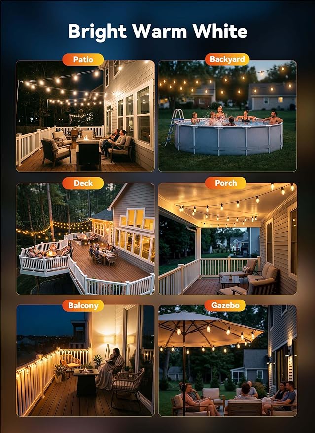 Minetom 101FT Outdoor String LED Patio Lights Waterproof, Shatterproof S14 Vintage Edison Bulbs, Commercial Grade Outside Hanging Lights for Porch Deck Garden Backyard Balcony Cafe Bistro