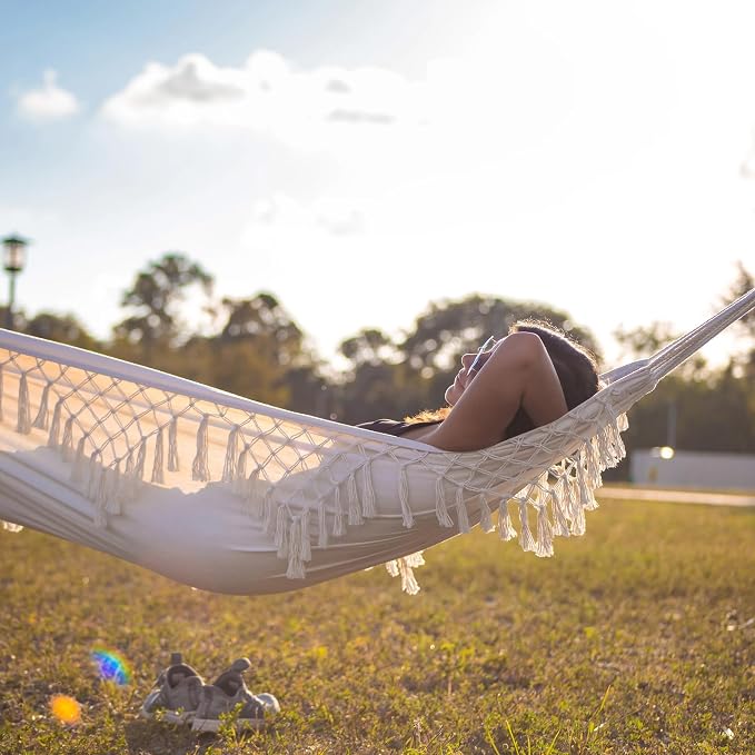 Bliss Hammocks BH-400FR Hammock in a Bag with Fringe, Cotton, Portable, Supports up to 250-Pounds for Camping, Hiking and Outdoors, Natural