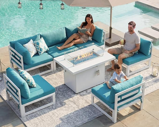 RADIATA 7 Pcs Large Aluminum Outdoor Patio Furniture Set with Rectangular Fire Pit Table, 29" Wide Deep Seat, Rust Proof Minimalist Sectional Sofa, 500 lbs Sturdy Backyard Conversation Set, Turquoise