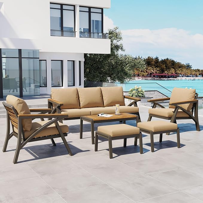 6-Piece Outdoor Patio Furniture Set, All Weather Conversation Set, Steel Frame Sofa Set with 3-Seat Couch, 2 Armchairs, 2 Ottomans & Acacia Wood Coffee Table for Backyard Garden (Brown-3.27)