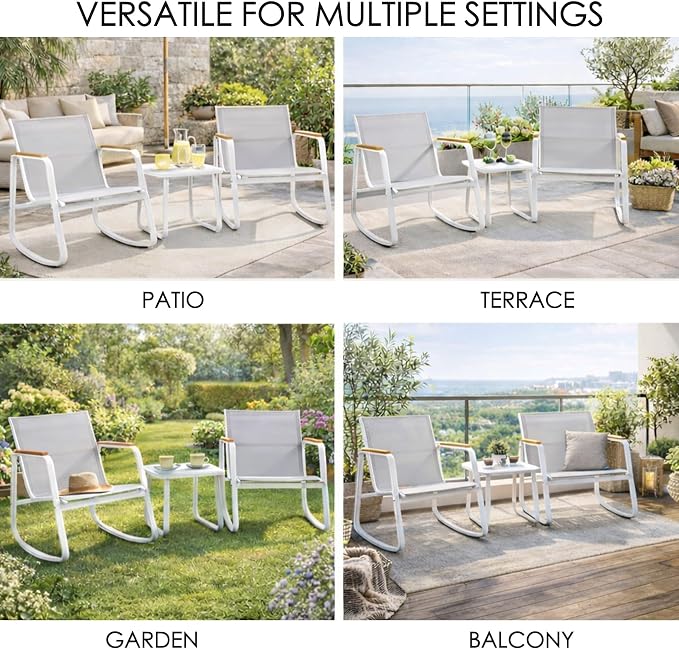 Kozyard 3-Piece Rocking Chair Set, Outdoor Rocking Textilene Bistro Set with Wooden Armrests, Outdoor Conversation Set with Glass Table for Lawn, Porch, Yard, Garden, Balcony, Poolside, White