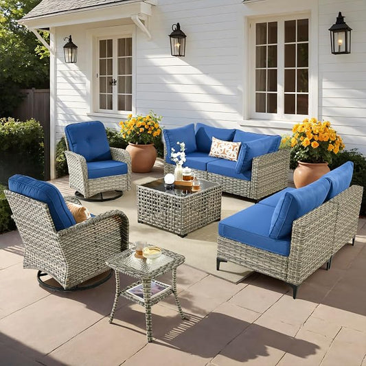 Outdoor Patio Furniture Sets, 8 PCS Patio Conversation Set Outside Rattan Sectional Sofa with Wicker Rocking Chairs Coffee Table Soft Cushion Fit Backyard Porch Garden Poolside Balcony
