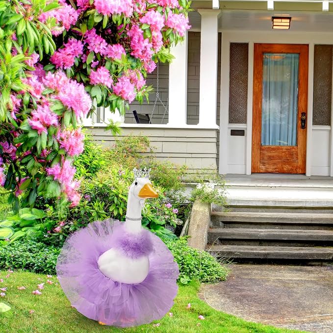 4 Pcs Princess Porch Goose Outfit for 23" 17" Cement Lawn Goose Costume Crown Necklace Tutu Skirt Feather Trim(Purple)