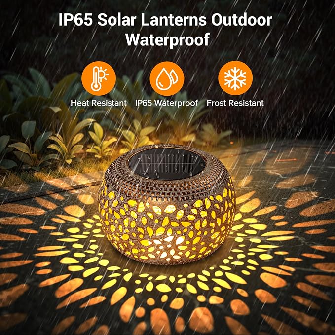 Solar Lanterns Outdoor Waterproof, Hollow Out Solar Table Lamp Patio Decor | 2 Lighting Modes Retro Metal Solar Lights for Outside Garden Yard Porch Deck Floor Indoor Tabletop Desk Decoration Gifts