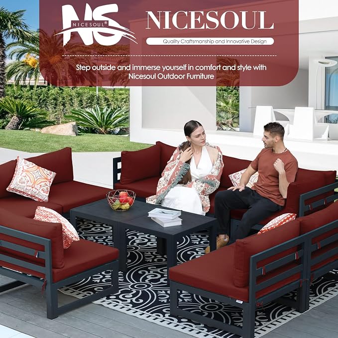 NICESOUL 8 Person Modern Aluminum Patio Furniture Set, 500 lbs Heavy Duty Sturdy Outdoor Sectional Sofa, 29" Deep Wide Large Seating, L Shaped Modular Conversation Couch for Garden Backyard, Burgundy