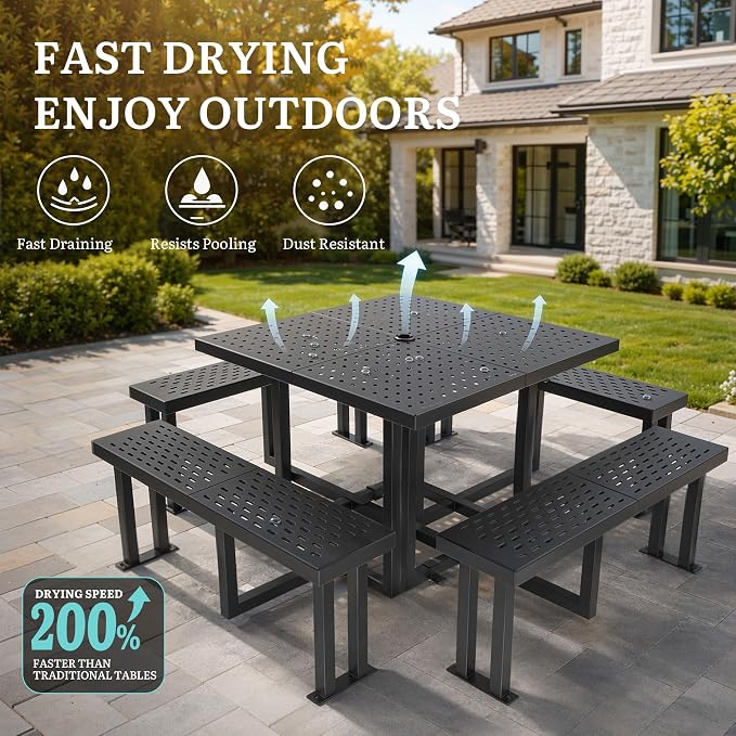 YITAHOME Commercial 38" Square Q235 Carbon Steel Picnic Table, Heavy Duty Metal Outdoor Table Set with Umbrella Hole, Industrial Grade Park Furniture (Black)