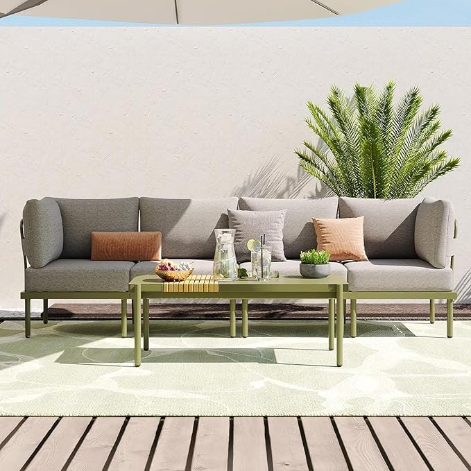 Sundale Outdoor 5 Pieces Patio Furniture Set, Metal Sectional Sofa Patio Conversation Set with Coffee Table, Modern Patio Corner Couch for Balcony, Porch, Sunroom (Grey/Green)