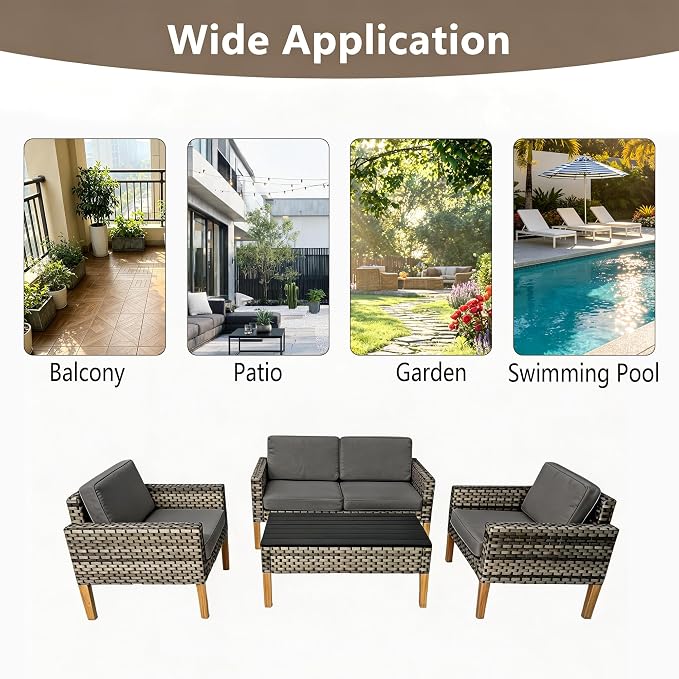DECMICO 4 Piece Rattan Conversation Bistro Set, Outdoor Wicker Patio Furniture Set, All-Weather PE Rattan Chairs with Cushions for Backyard, Balcony, Garden, Dark Gray
