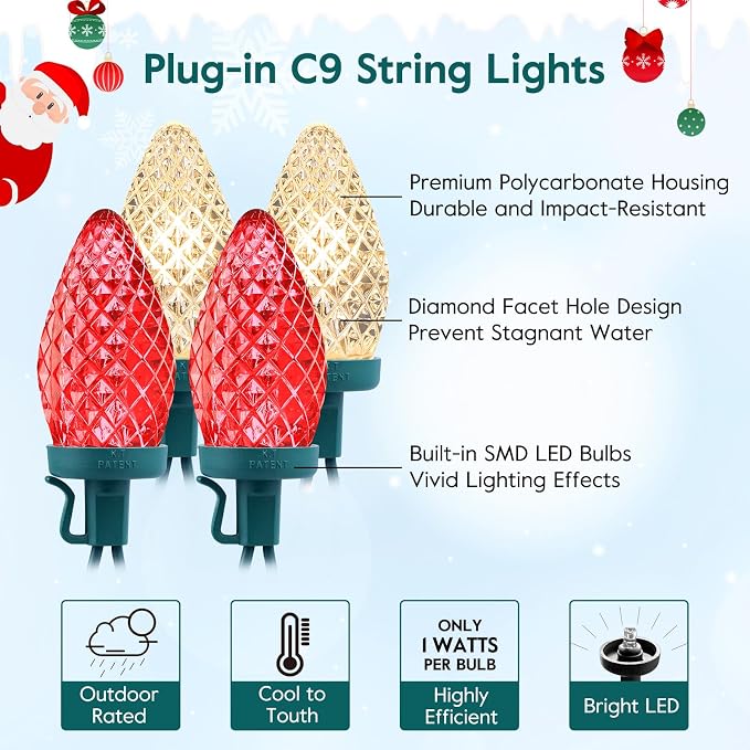 C9 LED Christmas String Lights, 66 ft 100 LED Strawberry Roof Lights, Commercial Grade Waterproof Extendable for Indoor Outdoor Roofline Home Xmas Decor, Red and Warm White
