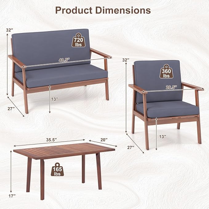 Tangkula 4 Piece Outdoor Conversation Set, Acacia Wood Sofa Set with Soft Seat & Back Cushions, Rectangle Coffee Table Patio Wood Furniture Set for Backyard, Poolside, Garden (1, Gray)