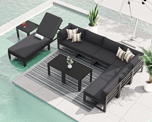 RADIATA 10 Pieces Aluminum Patio Furniture Set with Side Table, Morden Outdoor Sectional Sofa, Large Conversation Seat with Thick Cushion for Garden Backyard Deck Porch (Grey)