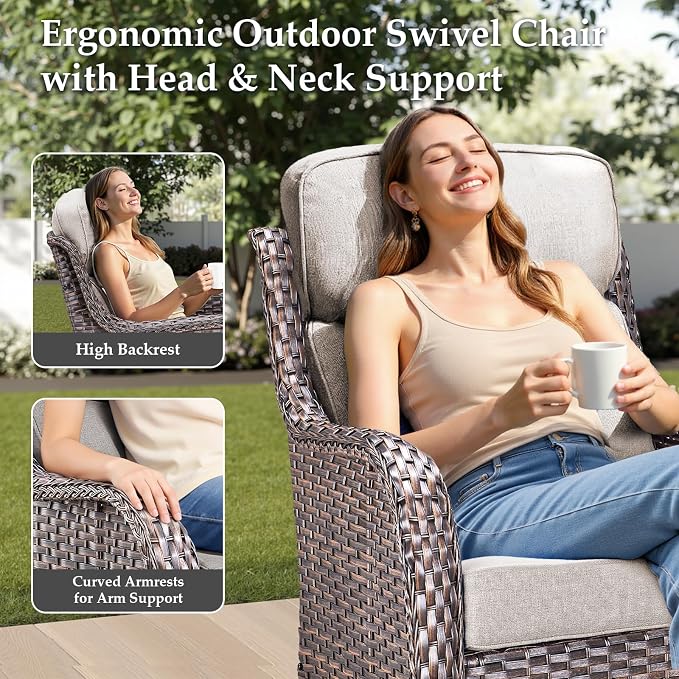 Luxury Outdoor Swivel Rocker Patio Chairs-3 Piece Wicker Patio Rocking Chairs Set of 2 with Glass Side Table 6" Thick Cushions High Back Outdoor Furniture Sets for Deck Porch Balcony(Grey/Beige)