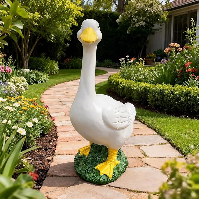Porch Goose Statue Garden Décor - Large Porch Goose Statues, Lawn Goose Sculpture, 20″ Porch Duck Decoration Resin Material Figurine, Indoor Outdoor Lawn Yard Decor, Unique Housewarming Gifts (White)