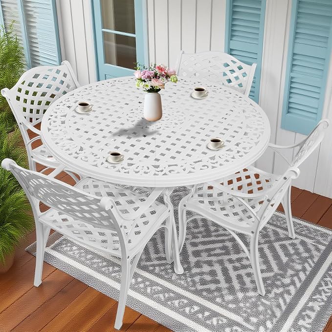 Patio Dinning Set Weather Resistant Cast Aluminum Patio Furniture Set with Umbrella Hole, Bistro Dining Set for Garden (48" x 48" Table B and 4 Chairs White, 5 Pieces)