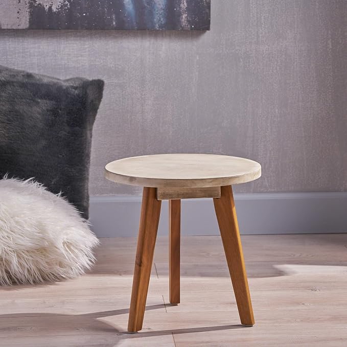 Great Deal Furniture GDFStudio Outdoor Side Table, Farmhouse-Style, Light Gray Acacia Wood Frame
