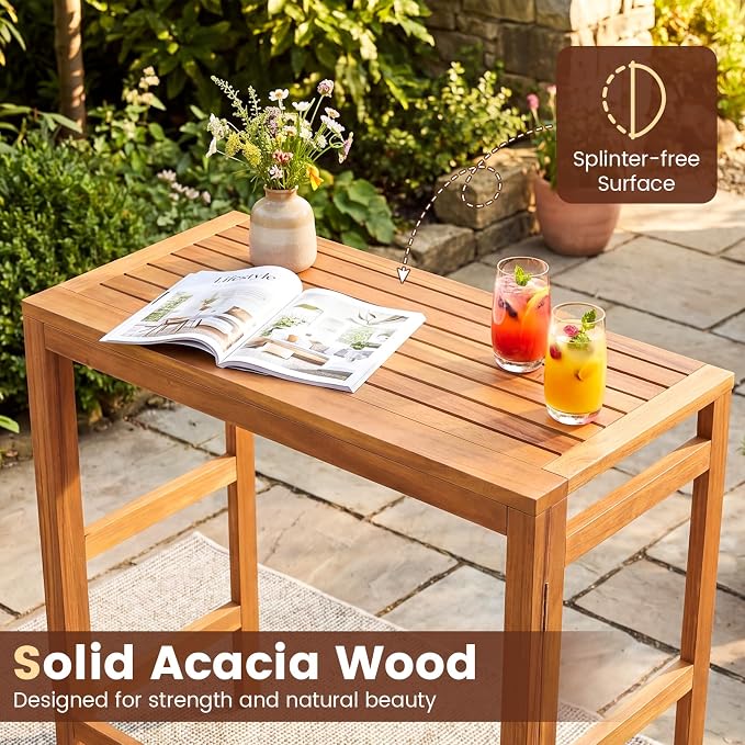 HAPPYGRILL Acacia Wood Folding Bar Table Outdoor Counter Height Patio Dining Table with Slatted Tabletop, for Outside Balcony Garden and Backyard
