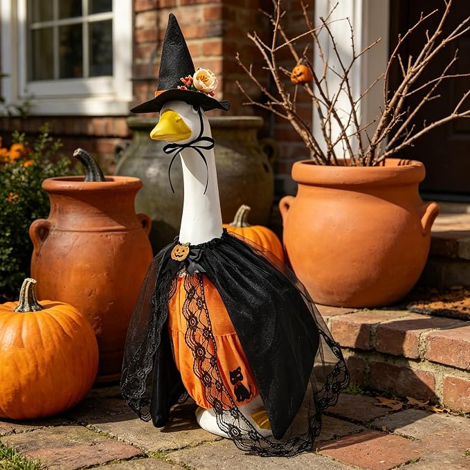 Old Lady Porch Goose Outfits Grandma Goose Clothes Glasses Curly Wig Floral Print Dress Cardign and Pearl Necklace,23'' Geese Statue Outdoor Patio Yard Lawn Decoration (Black)