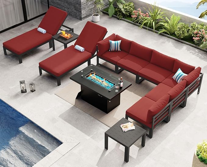NICESOUL 11 Pcs Aluminum Patio Sectional Furniture Set with Lounge & Fire Pit Table, 500 lbs Heavy Duty Anti-Rust Outdoor Couch, 29" Deep Wide Seat, High End Conversation Sofa for Poolside, Burgundy