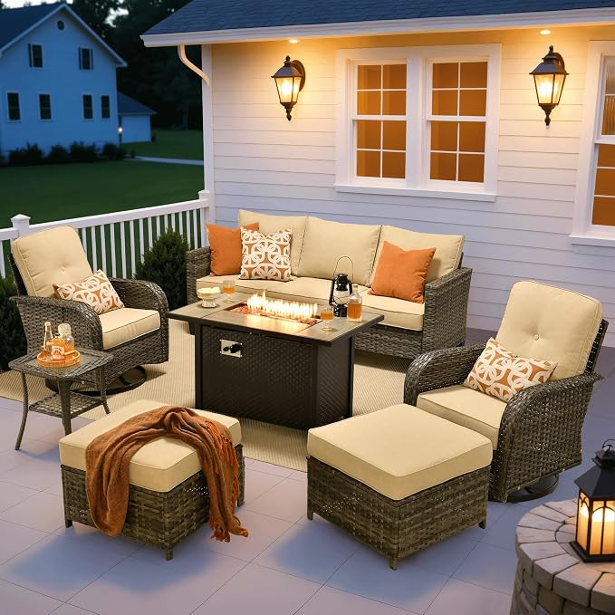 ovios 7 Pieces Patio Furniture Set, Outdoor Wicker Sofa Couch with Swivel Glider Chairs Fire Pit Table, Modern Deep Seat Rattan Conversation Sets for Deck Porch, Beige