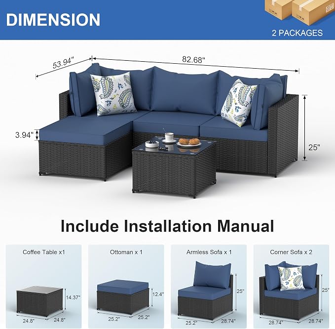 Patio Furniture Set, 5PCS Patio Sectional with Ottoman Wicker Rattan Outdoor Furniture with Thickened Cushion Modular Wicker Patio Conversation Set with Glass Top Table for Balcony, Backyard(Blue)