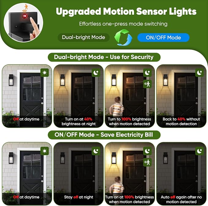 13" Upgraded Motion Sensor Outdoor Wall Light Fixture, Black | Auto ON/OFF, 3 Lighting Modes, Waterproof, Rust-Resistant, Durable Metal & Clear Glass, Standard E26 Sockets, Easy to Install