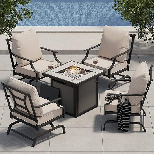 Grand patio 5-Piece Outdoor Furniture Set with 32'' Square Ceramic Tile Tabletop 50,000 BTU CSA Approved Fire Pit,4 Rocking Patio Chairs with Olefin Cushions and Pillows-Beige