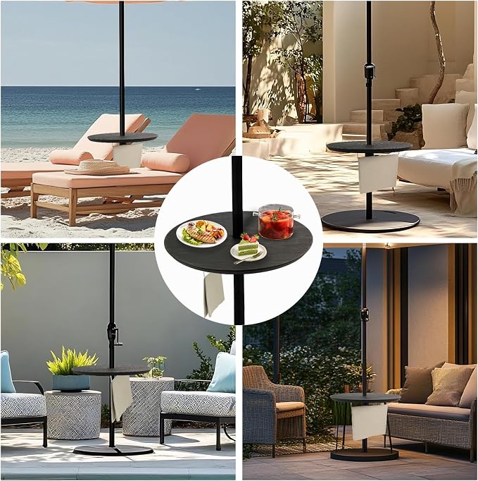 Outdoor Adjustable Umbrella Table Tray, 20” Round Outdoor Umbrella Table with Hole, Portable Patio Beach Umbrella Table Tray Fit 1.5" Umbrella Pole for Poolside, Backyard, Garden, Black