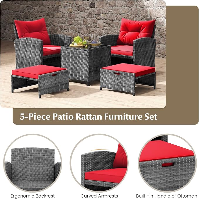 COSTWAY 5-Piece Rattan Conversation Set, Outdoor Wicker Sofa, Tempered Glass Coffee Table & Ottomans for Small Space, Boho Chic Indoor/Outdoor Furniture Set for Poolside, Backyard, Deck (Red)