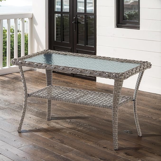 Belord 40 Inch Rectangular Coffee Table - Grey Wicker Outdoor Table with 2-Layer Storage, Tempered Glass Top, Rattan Patio Furniture for Balcony, Porch, Deck